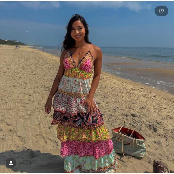 Alice + Olivia Imogene Tier Ruffle Spaghetti Strap Maxi Dress Meadow Magic US 8 - Picture 2 of 11